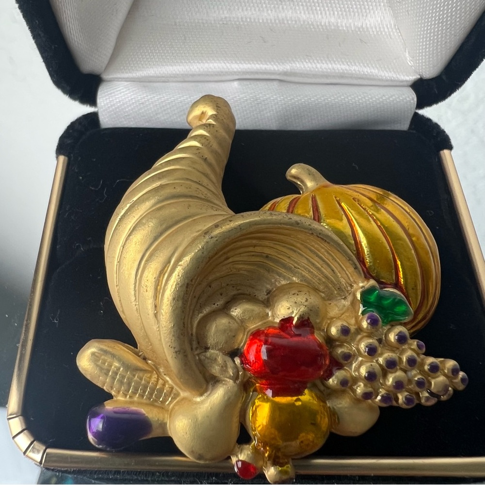 Vintage Mid Century Cornucopia Brooch Gold Tone Enamel Harvest Horn Figural Pin
